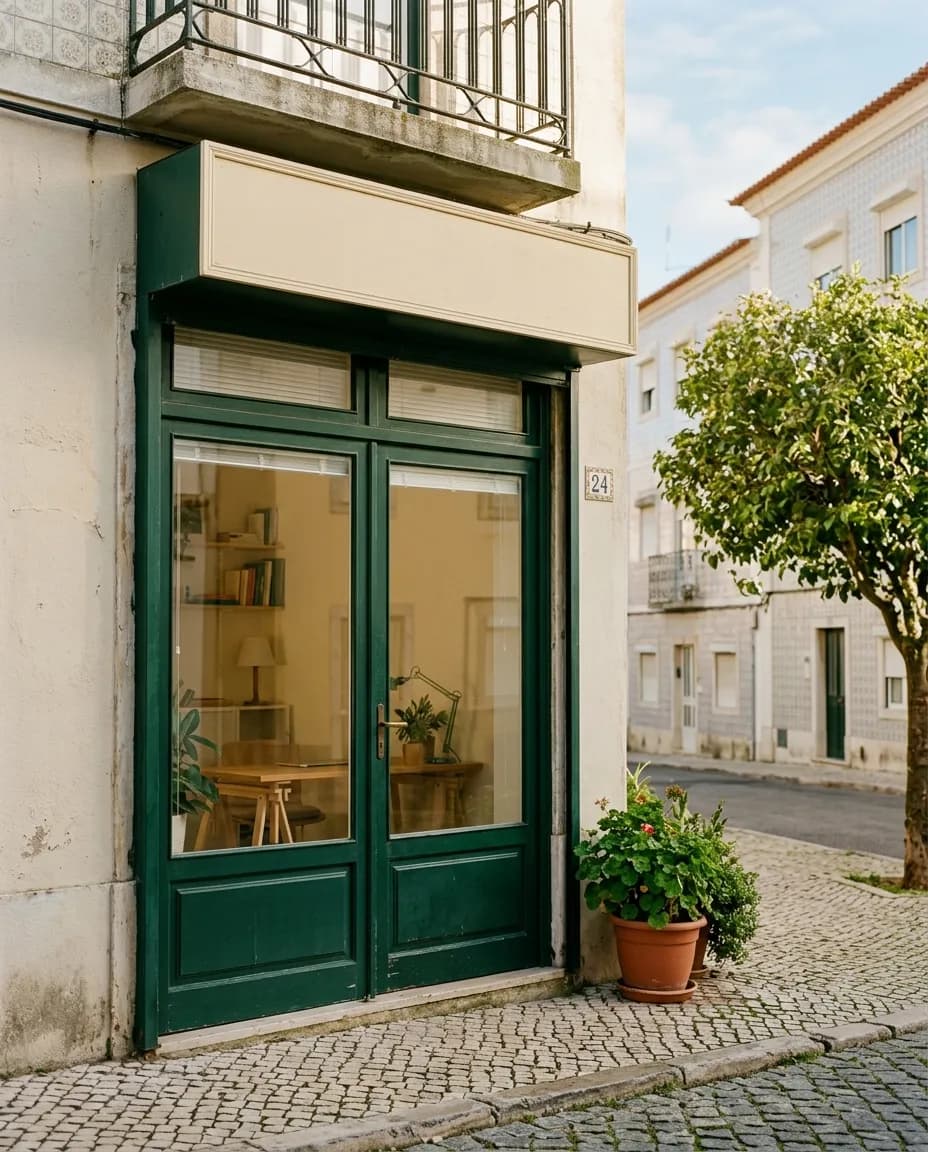 Fachada de um pequeno gabinete de contabilidade numa rua residencial tranquila de Sintra